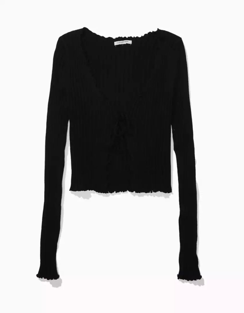 Cardigan American Eagle AE Nervuré Tie-Front Noir Femme | XMW-39911755